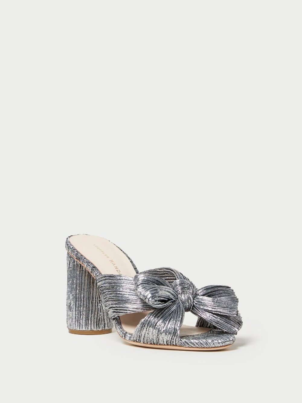 Loeffler Randall Penny Dark Silver Pleated Bow Heel Mules, Metallic Lamé, Size 7
